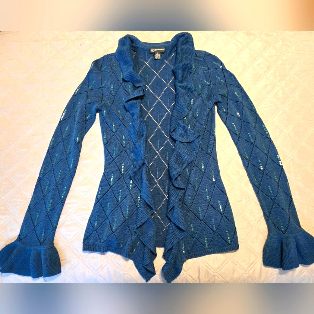 INC Silk Blend Ruffled Open Front Embelished Sweater Size Petite/Petite